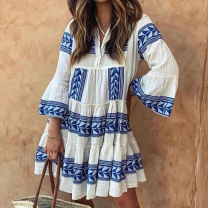 YESMYTOOL  -  Women Elegant Embroidered White Dress Autumn V-Neck Button Stitching Ruffle Dress Ladies Tie-Up Lace Pattern Party Dresses