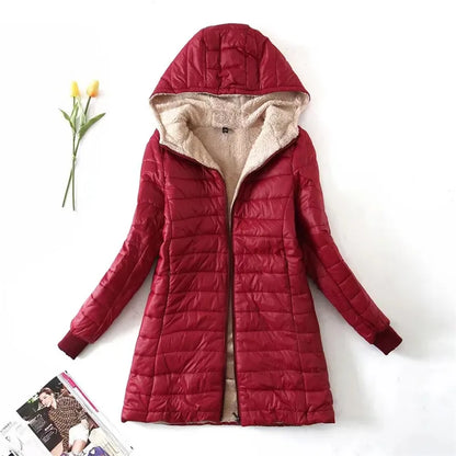 2023 Winter Mid-Length Hooded Cotton Jacket Women Autumn Lightweight Plush Lining Solid Ladies Parka Loose Female Zipper Outwear