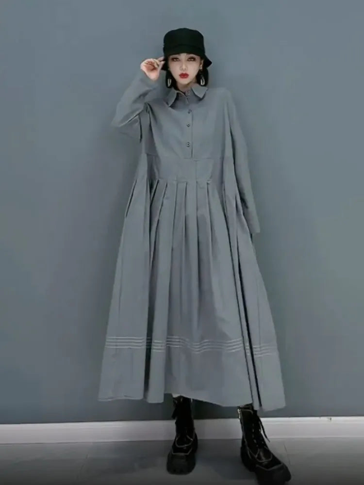 Spring/Summer Dress for Women Solid Collar Long Sleeve Panel Pleated Long Dresses Female Dress Women Clothing Streetwear Robe