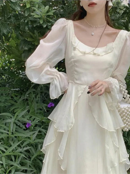 Vintage Fairy Chiffon Long Dress Women White Elegant French Party Midi Dress Puff Sleeve Casual Women's Clothing