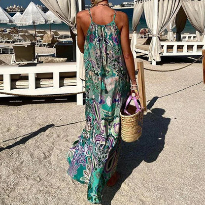 YESMYTOOL  -  Women Fashion Printing Sling Boho Long Dress Spring Halter Sleeveless Loose Party Dress Summer Casual Holiday Beach Maxi Dresses