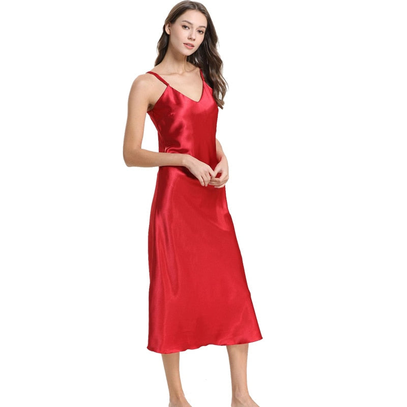 Women's Satin Nightgown Long Slip Sleep Dress Silk V Neck Sleepwear Solid Color Nightwear