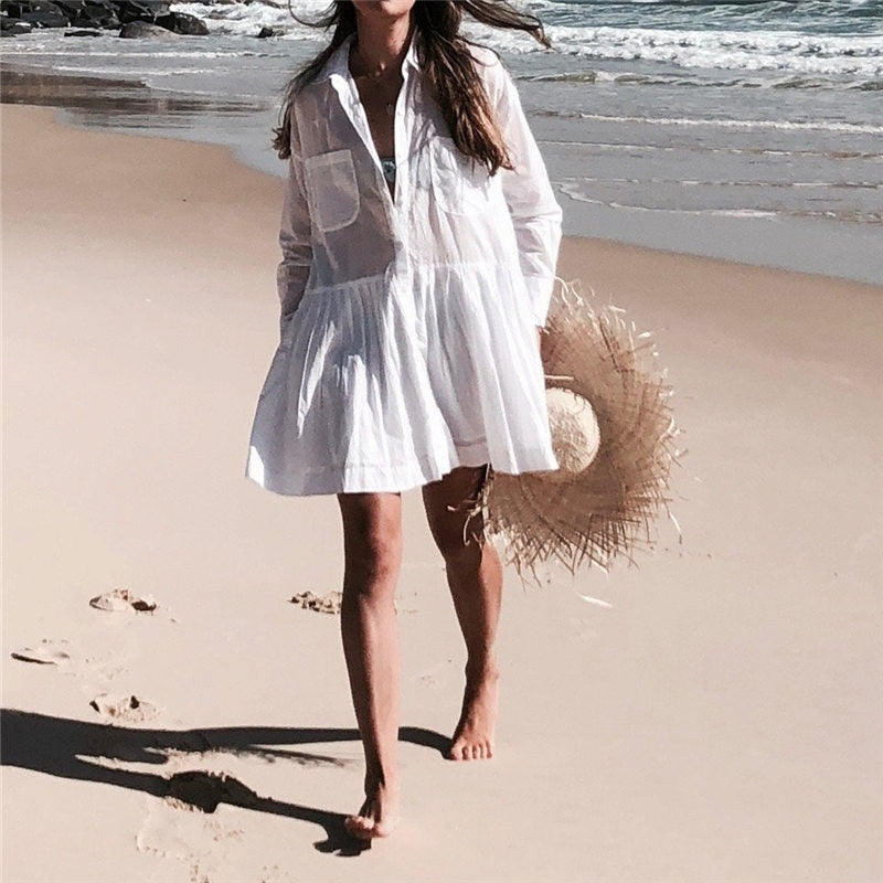 Women Swimsuit Cover Ups Mandarin Sleeve Kaftan Beach Tunic Dress Robe De Plage Solid White Pareo Beach Cover-ups dingdamall mid size graduation outfit romantic style teen swag clean girl ideas 90s latina aesthetic