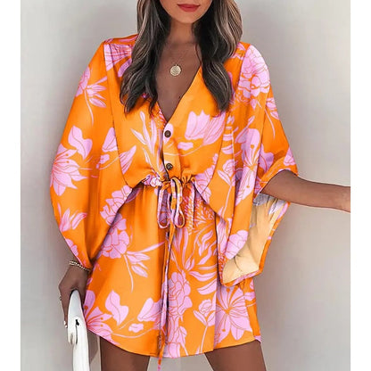 Summer Boho Mini Dress Women Flora Print Batwing Sleeve Lace-Up V Neck Loose Button Dresses Ladies Beach Party Dress Vestido