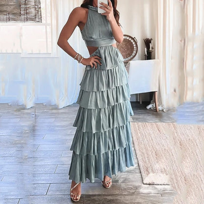 Women Maxi Dress Summer Elegant Solid Ruffled Sleeveless Round Neck Hollow Out Backless Lace Up Slim Nipped Waist Dress