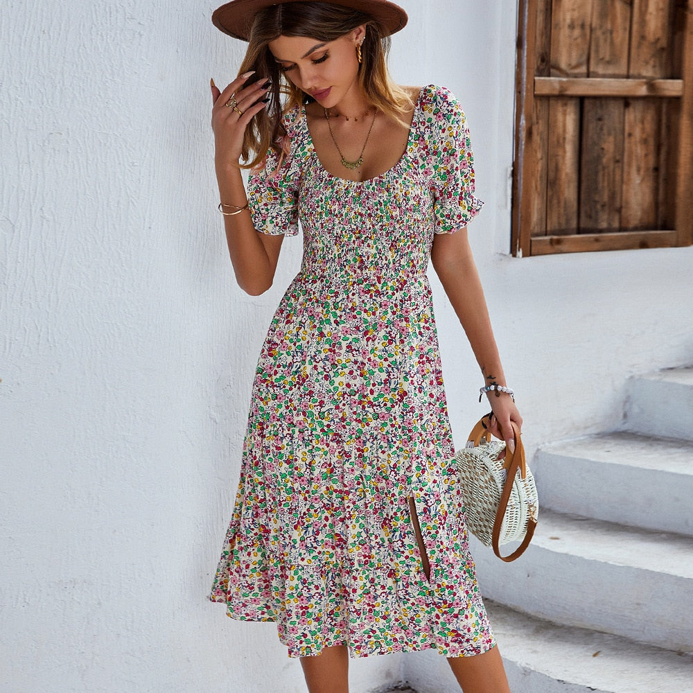 Spring Summer Long Print Dress Women Bohemian Short Sleeve High Waist Flroal Dresses For Ladies Leisure