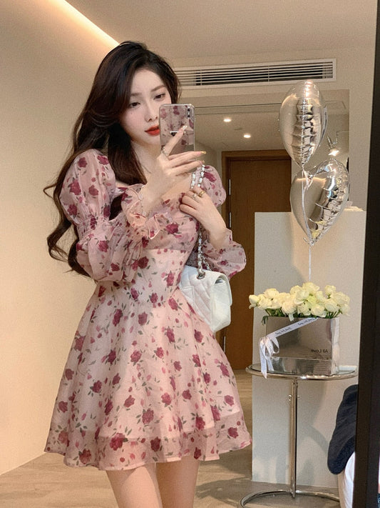 Vintage Sweet Korean Fashion Floral Bodycon Mini Dress for Women Party Beach Long Sleeve Casual Dresses Elegant Summer Pink