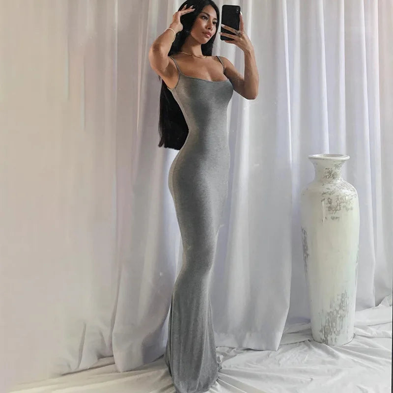 Summer Dresses For Women Sexy Spaghetti Strap Black Long Dress Y2k Sleeveless Solid Skinny Bodycon Trumpet Maxi Vestidos