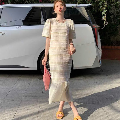 YESMYTOOL  -  Fashion O-Neck Striped Spliced Folds Mermaid Casual Dresses Female Clothing 2024 Summer New Loose Korean Puff Sleeve Midi Dress