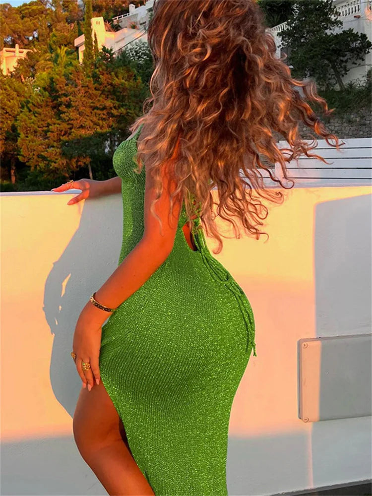 Knit Sequin Backless Maxi Dress Female Side Split Bandage Elegant Fashion Glitter Party Dress Ladies Lace-Up Women's Dress