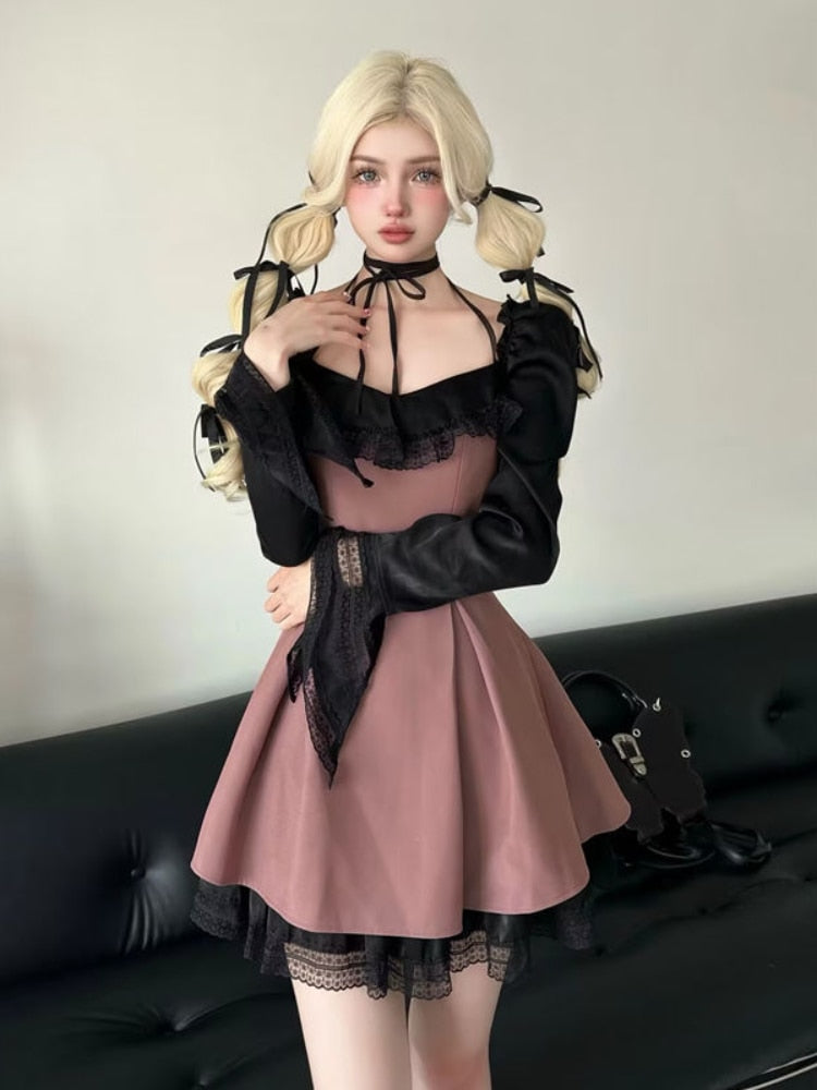 Y2k Gothic Baby Doll Lolita Dress Women Harajuku Korean Patchwork Slash Neck Long Sleeve Mini Princess Prom Dresses