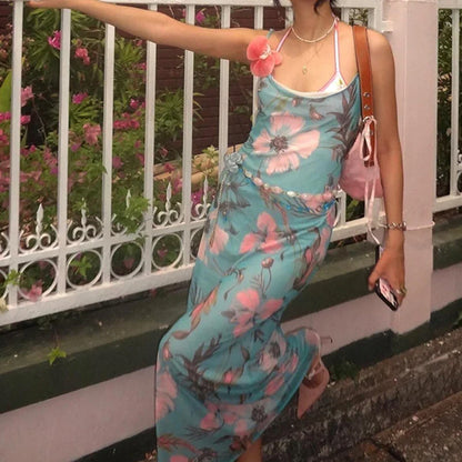 YESMYTOOL  -  Fashion Chic Strap Mesh Maxi Dress Female Vintage Holidays French Flowers Printed Summer Dress Long Elegant Sundress