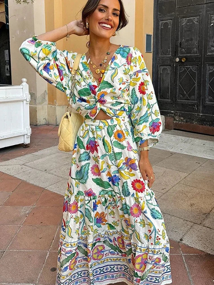 YESMYTOOL  -  Casual Women Printed A-line Maxi Dress Elegant V-neck Lantern Long Sleeve Hollow Out Dresses 2024 Summer Lady Chic Vacation Robe