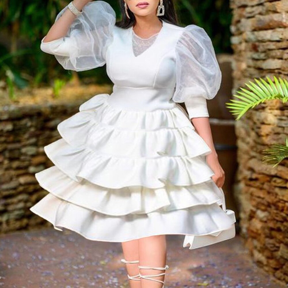 Women White Cake Dresses  Bubble Lantern Sleeves Patchwork Party Fashion Lovely Celebrate Occasion Event Lolita Female Robes New dingdamall mid size graduation outfit romantic style teen swag clean girl ideas 90s latina aesthetic