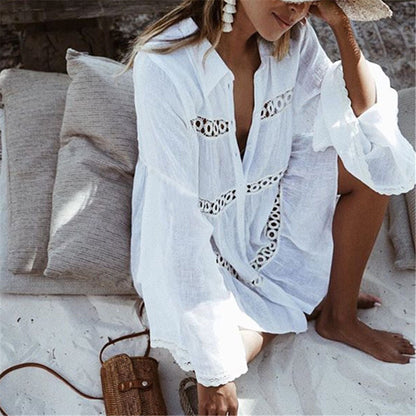 Women Swimsuit Cover Ups Mandarin Sleeve Kaftan Beach Tunic Dress Robe De Plage Solid White Pareo Beach Cover-ups dingdamall mid size graduation outfit romantic style teen swag clean girl ideas 90s latina aesthetic