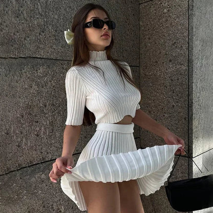 Fashion Elegant Knitted Dress Sets Sexy Pleated Matching Set Outfits for Women Winter Mini Skirts 2 Piece Sets Dress for Women