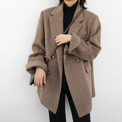 Women Wool Blend Coat Solid Mid Long Woolen Blazer Thick Warm Blouse Women's Overcoat Office Lady Tops Autumn Winter