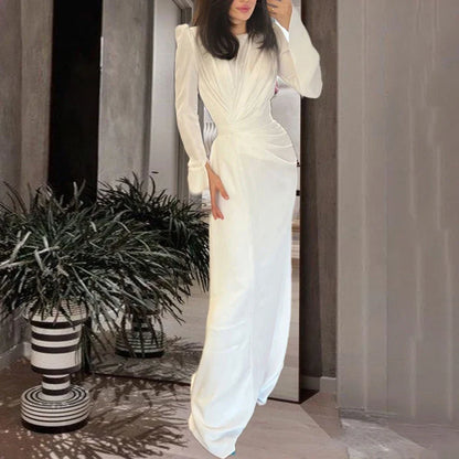 Elegant Dresses for Women Spring O Neck Solid Tunic Slim Bodycon Long Party Dress Autumn Long Sleeve Draped Boho Maxi Dress