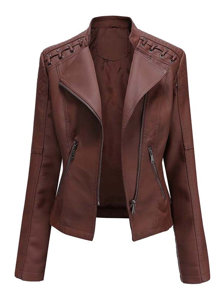 Autumn Winter Pu Faux Leather Jackets Women Long Sleeve Zipper Slim Motor Biker Leather Coat Female Outwear Tops