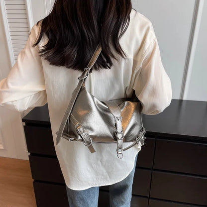 Silver Leather Crossbody Bags for Women Luxury Y2k Korean Fashion Underarm Shoulder Bag Female Armpit Bag Handbags