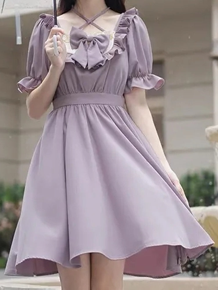 Sweet Kawaii Lolita Dress Women Japanese Cute Ruffles Wrap Puff Sleeve Halter Short Dresses Summer Bow Soft Girls