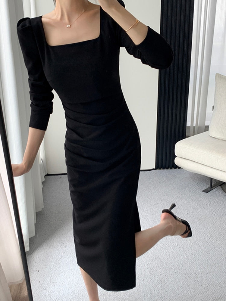 Square Collar Solid Wedding Maxi Dresses for Women Office Lady Bodycon Midi Dress Elegant Korea Fashion Clothes Autumn Robe