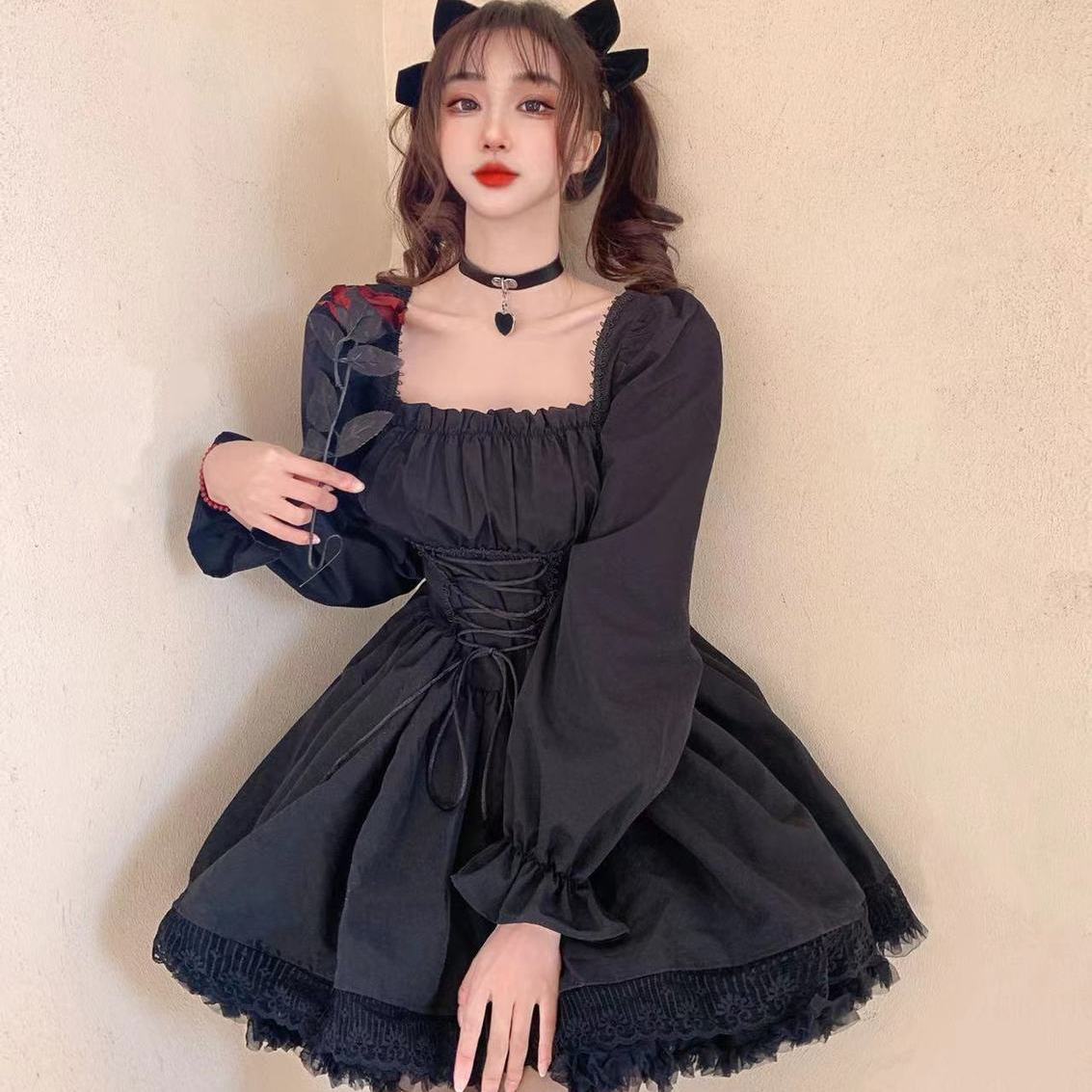 White Lolita Dress Kawaii Vinatge Long Sleeve Mini Dresses Black Gothic Bandage Lace Patchwork Streetwear Square Collar