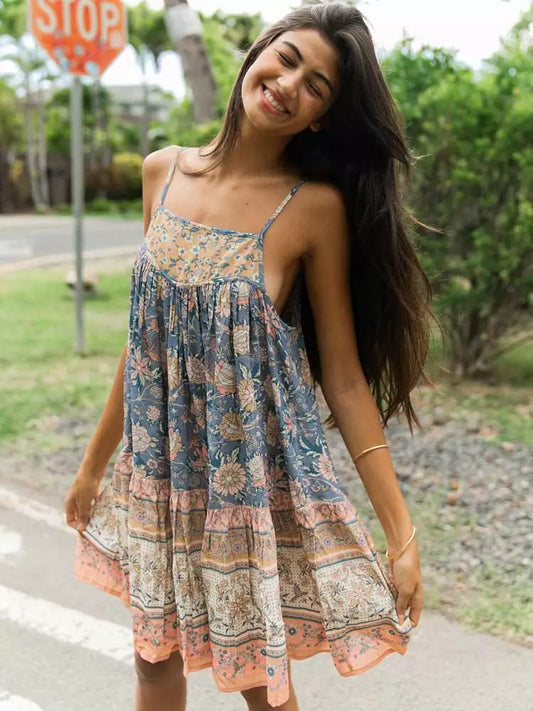 STRAPPY MINI DRESS for women blue floral print dress women hot summer dress holiday tunic boho beach dress