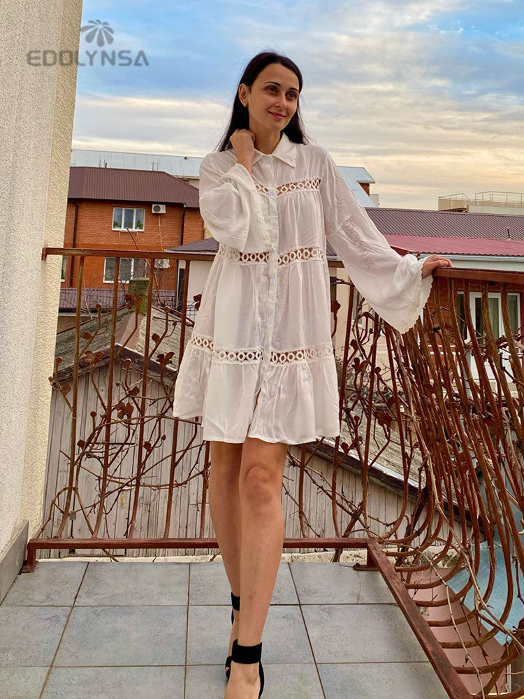 Women Swimsuit Cover Ups Mandarin Sleeve Kaftan Beach Tunic Dress Robe De Plage Solid White Pareo Beach Cover-ups dingdamall mid size graduation outfit romantic style teen swag clean girl ideas 90s latina aesthetic