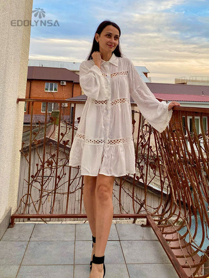 Women Swimsuit Cover Ups Mandarin Sleeve Kaftan Beach Tunic Dress Robe De Plage Solid White Pareo Beach Cover-ups dingdamall mid size graduation outfit romantic style teen swag clean girl ideas 90s latina aesthetic