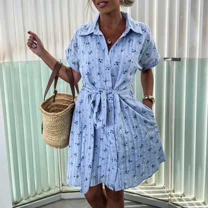 YESMYTOOL  -  2024 Fashion Short Sleeved Pocket Party Dress Office Ladies Elegant Floral Print A-line Dress Casual Lapel Lace Up Summer Dress