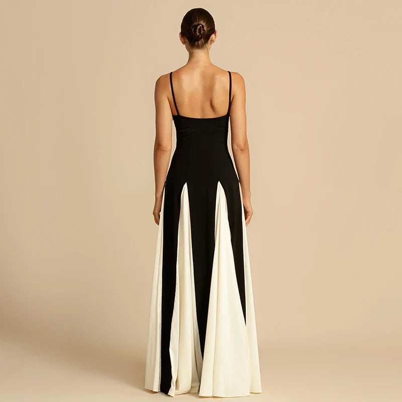 Contrast Color Suspender Maxi Evening Dress Women's With Lining Sexy Backless Splice Sleeveless Long Party Dress Female