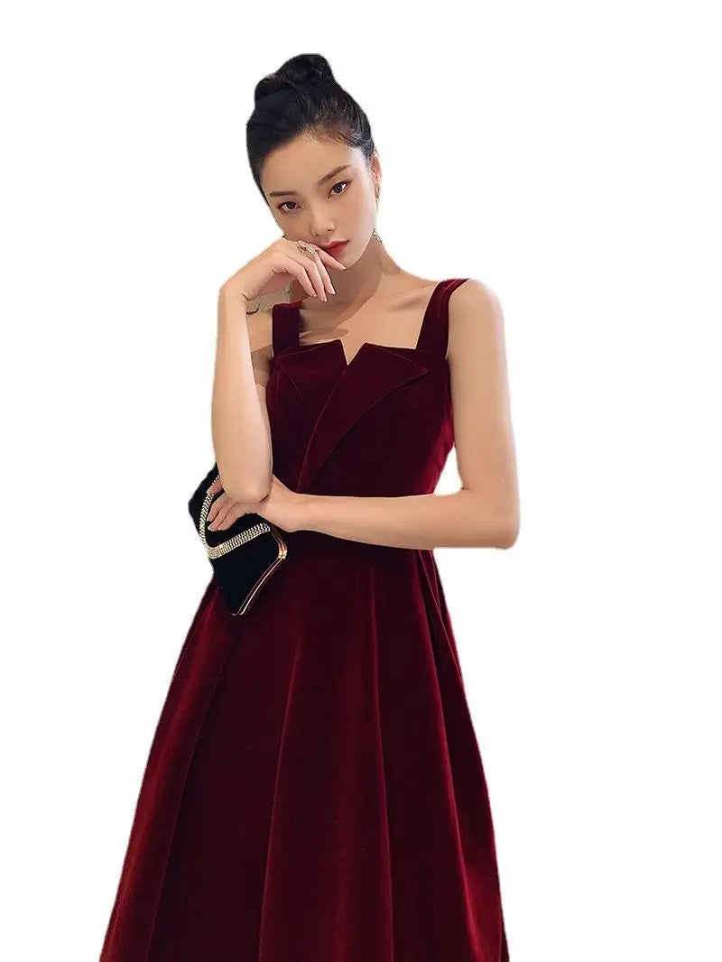 YESAMYTOOL  -  Burgundy Velvet Evening Dress Elegant Spaghetti Strap Ruched Engagement Gown Sexy Backless Zip Simple Ankle-Length Party Vesidos