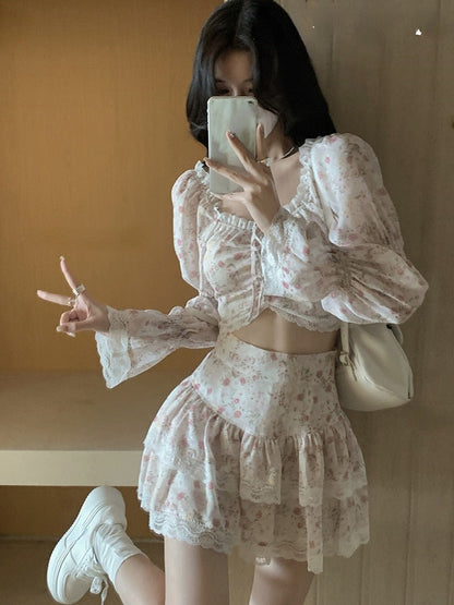 Summer Sweet 2 Piece Dress Set Woman Korean Fashion Suit Beach Floral Y2k Mini Skirt + Casual Lace Crop Tops Elegant Chic