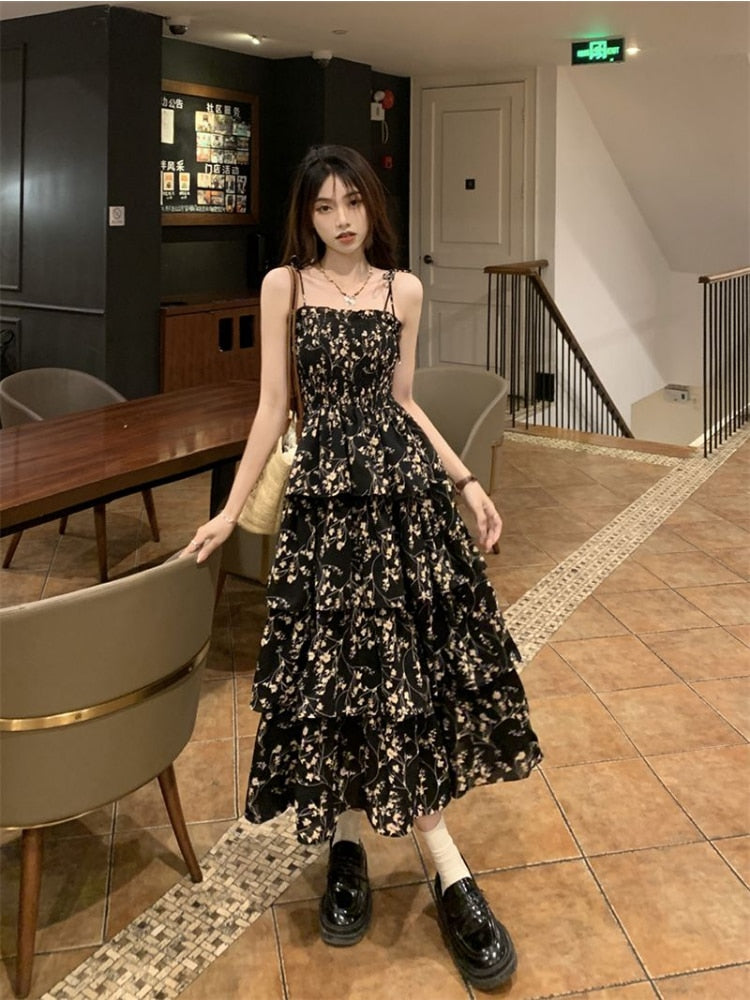 Y2k Korean Style One Piece Black Floral Dress Women Vintage Elegant One Piece High Waist Long Slip Fairy Dresses Summer