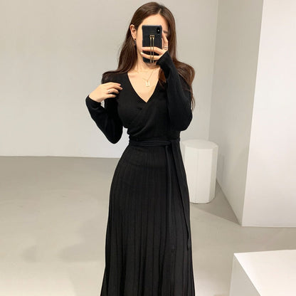 Stretchy Women Knitted Bodycon Pencil Dress New Autumn Winter Solid Vestidos Long Sleeve V Neck Slim Lady Chic Korean Dress