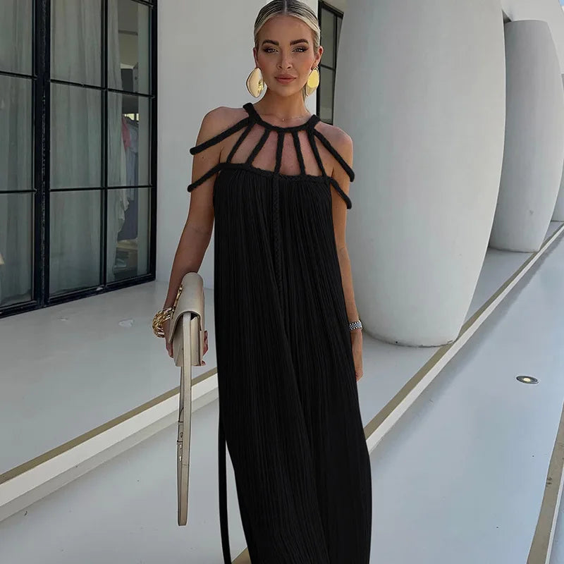 YESMYTOOL  -  Woven Rope Hollow Out Lace Up Backless Beach Long Dress Summer Women Sexy Off Shoulder Sleeveless Loose Casual Vacation Dresses