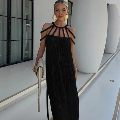 YESMYTOOL  -  Woven Rope Hollow Out Lace Up Backless Beach Long Dress Summer Women Sexy Off Shoulder Sleeveless Loose Casual Vacation Dresses