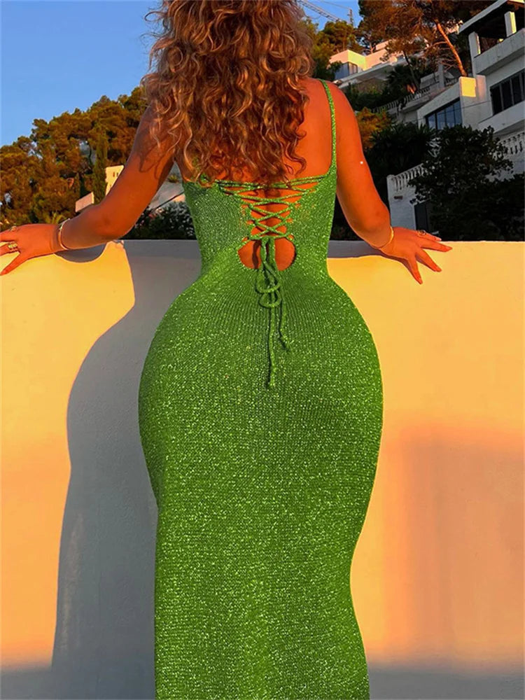 Knit Sequin Backless Maxi Dress Female Side Split Bandage Elegant Fashion Glitter Party Dress Ladies Lace-Up Women's Dress