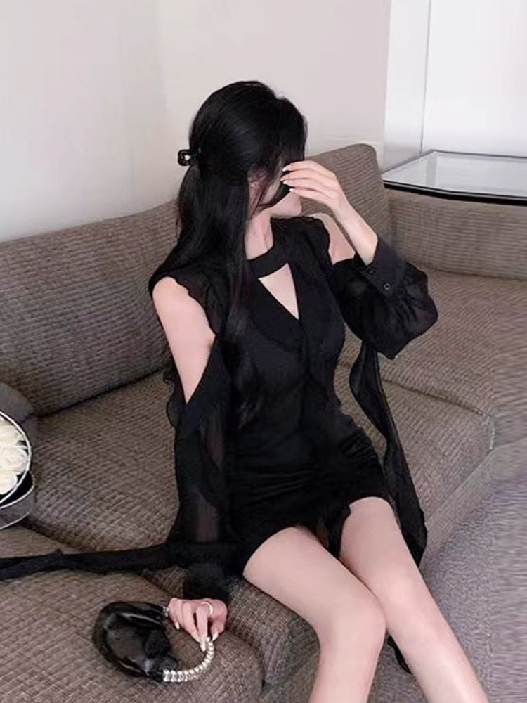 Summer Slim Sexy Black Y2k Mini Dress Party Chic Solid Elegant Sexy Dress Women Office Casual One Piece Dress Korean