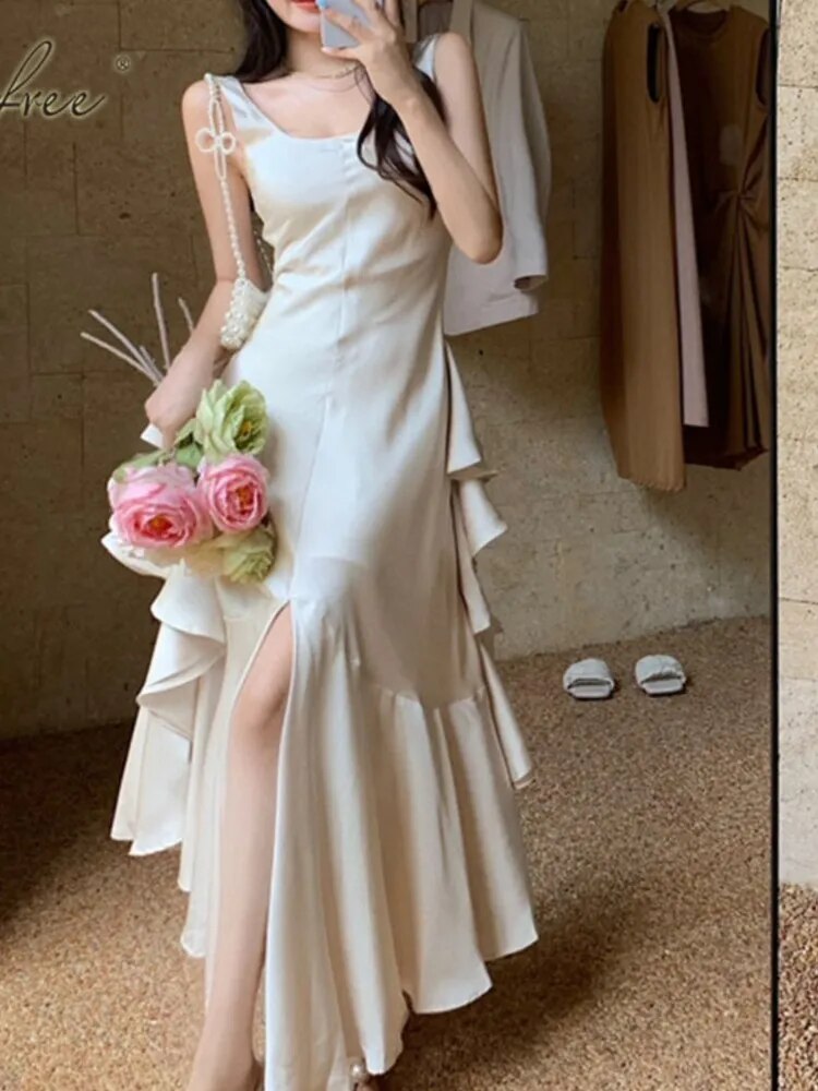 Summer Women Long Satin Dress Sleeveless Sexy Backless Silk Slit Ruffle Maxi Beach robe Party dresses evening dresses