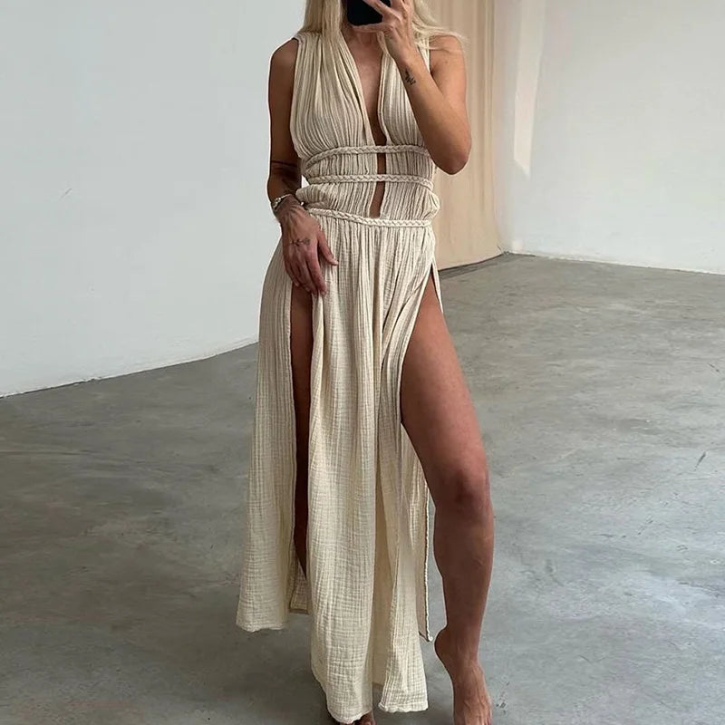 YESMYTOOL  -  Hollow Out Bandage Loungewear Dress, Women Summer Deep V-Neck Fashion Maxi Dress, 2024 Sleeveless Solid Patchwork Ladies Dress