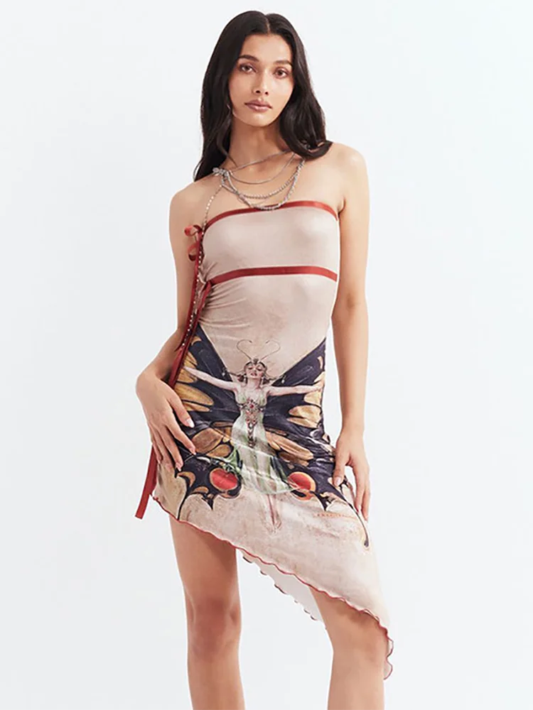 YESMYTOOL  -  Butterfly Printed Irregular Tube Mini Dress Women's Off Shoulder Strapless Lacing Open Back Slim Wrap Hip Short Dress