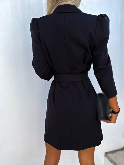 Women Solid Office Commuter Slim Mini Dress Sexy Chic Long Sleeve A-Line Coat Dress Elegant Lapel Double Breasted Lace-Up Dress