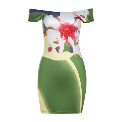 YESMYTOOL  -  Fashion Flower Printed Off Shoulder Short Dress 2024 Summer Short Sleeve Slim Hip Wrapped One Line Neck Vestidos Party Clubwear