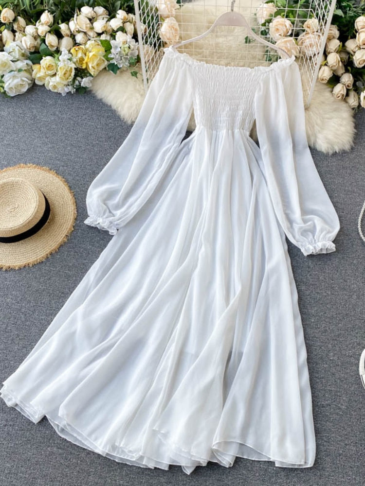 Spring Autumn Women Elegant Holiday Dresses Puff Sleeve Slash Neck Off Shoulder Smocked White Chiffon Dresses