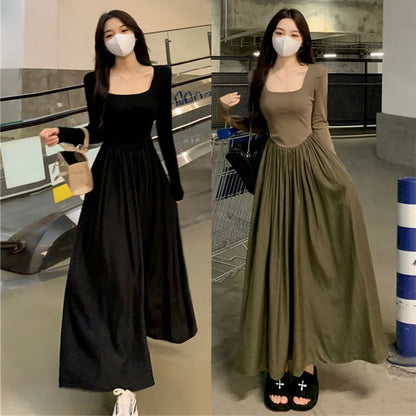 Spring New Hepburn Style Gentle Temperament Pocket Waist Slim Panel Large Hemline Long Sleeve Dress