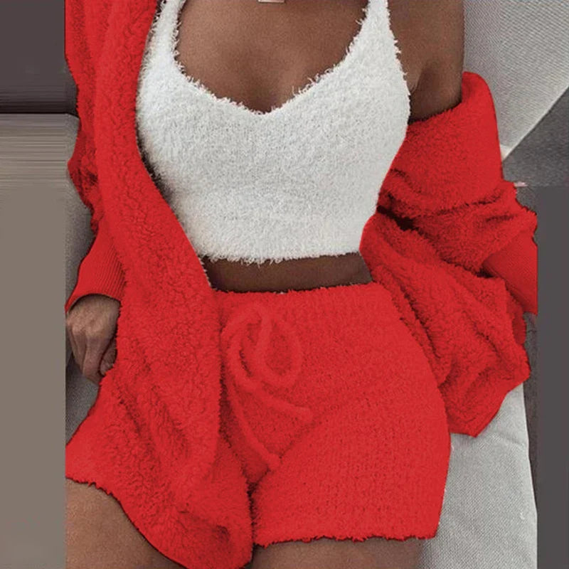 Women's Comfortable Knit Pajama Set Crop-top with V-neck Winter Plush Loungewear Casual 3-Piece Set Long Sleeve Shorts Sports