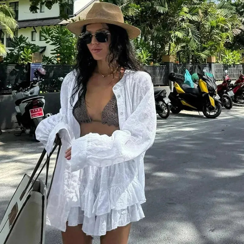 dingdamall  -  High Street White Long Sleeve Shirt Suits Stand Collar Button Top Pleated Shorts Two Piece Sets Beachwear Casual Suits For Women