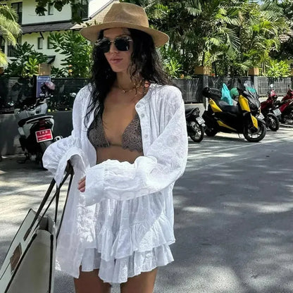 dingdamall  -  High Street White Long Sleeve Shirt Suits Stand Collar Button Top Pleated Shorts Two Piece Sets Beachwear Casual Suits For Women